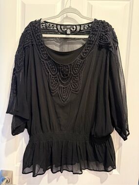 Alfani Black Crochet-Trim Peplum Blouse